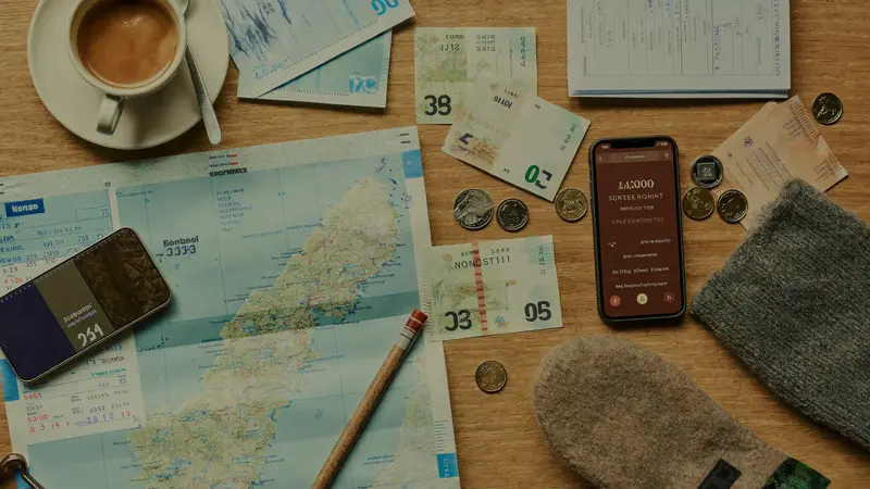 Overhead flat lay of Norway trip budget planning with kroner, a map and train tickets