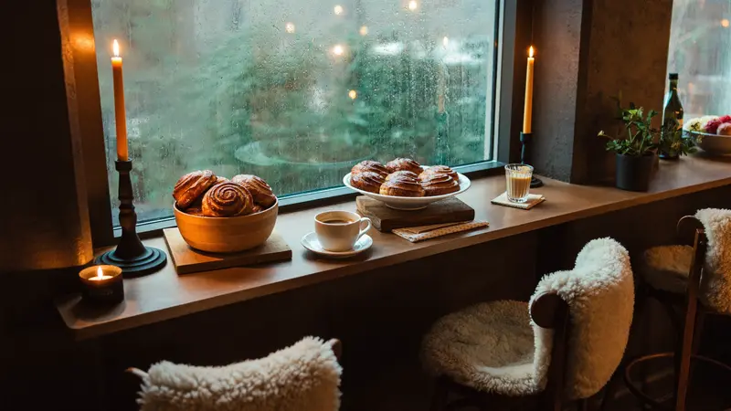 Cosy Bergen café with cinnamon buns and coffee by a rainy window