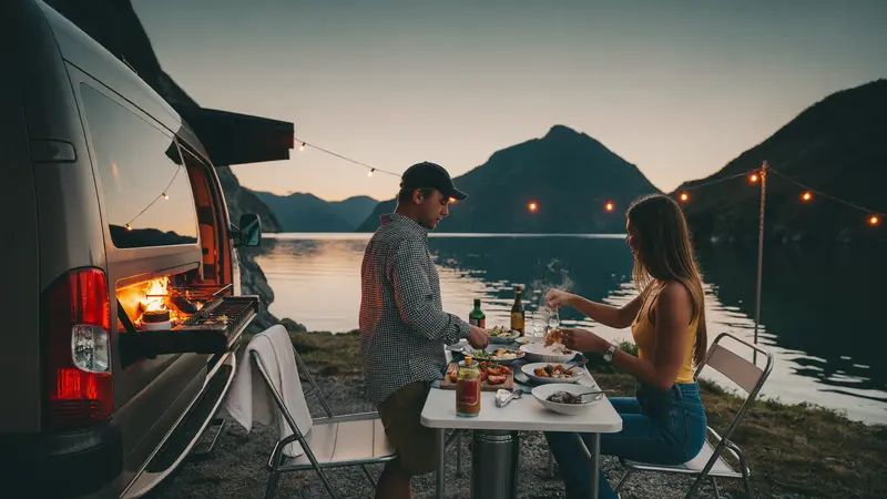 Couple cooking dinner beside their campervan parked at a Norwegian fjord at dusk