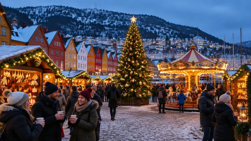 A snowy Christmas market at dusk with a lit Christmas tree, a carousel and wooden stalls in front of colourful snow-roofed houses below a wooded hillside