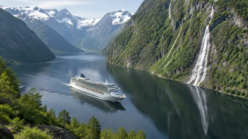 A white cruise ship sailing a narrow green fjord past a tall waterfall, with snow-capped mountains beyond