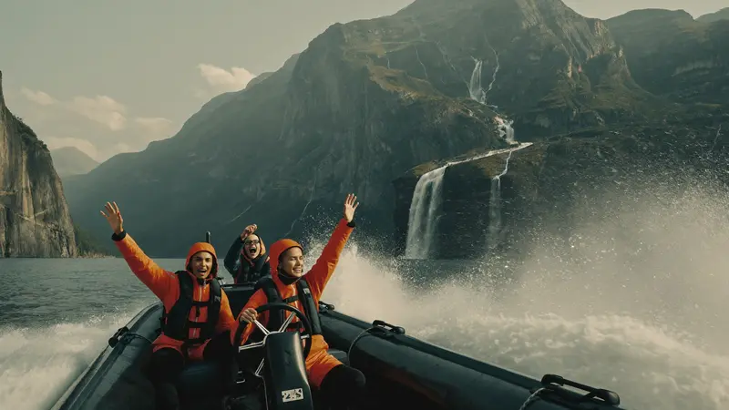 RIB speedboat with passengers in survival suits crossing Geirangerfjord below the Seven Sisters waterfall
