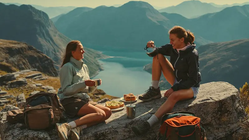 Friends having a summit picnic above a Norwegian fjord