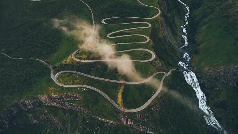 Aerial view of the eleven hairpin bends of Trollstigen mountain road
