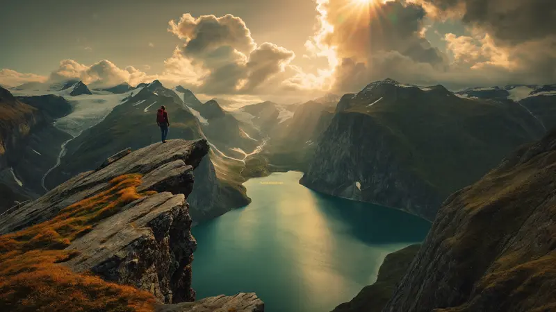 Hiker standing on the Trolltunga rock ledge high above lake Ringedalsvatnet